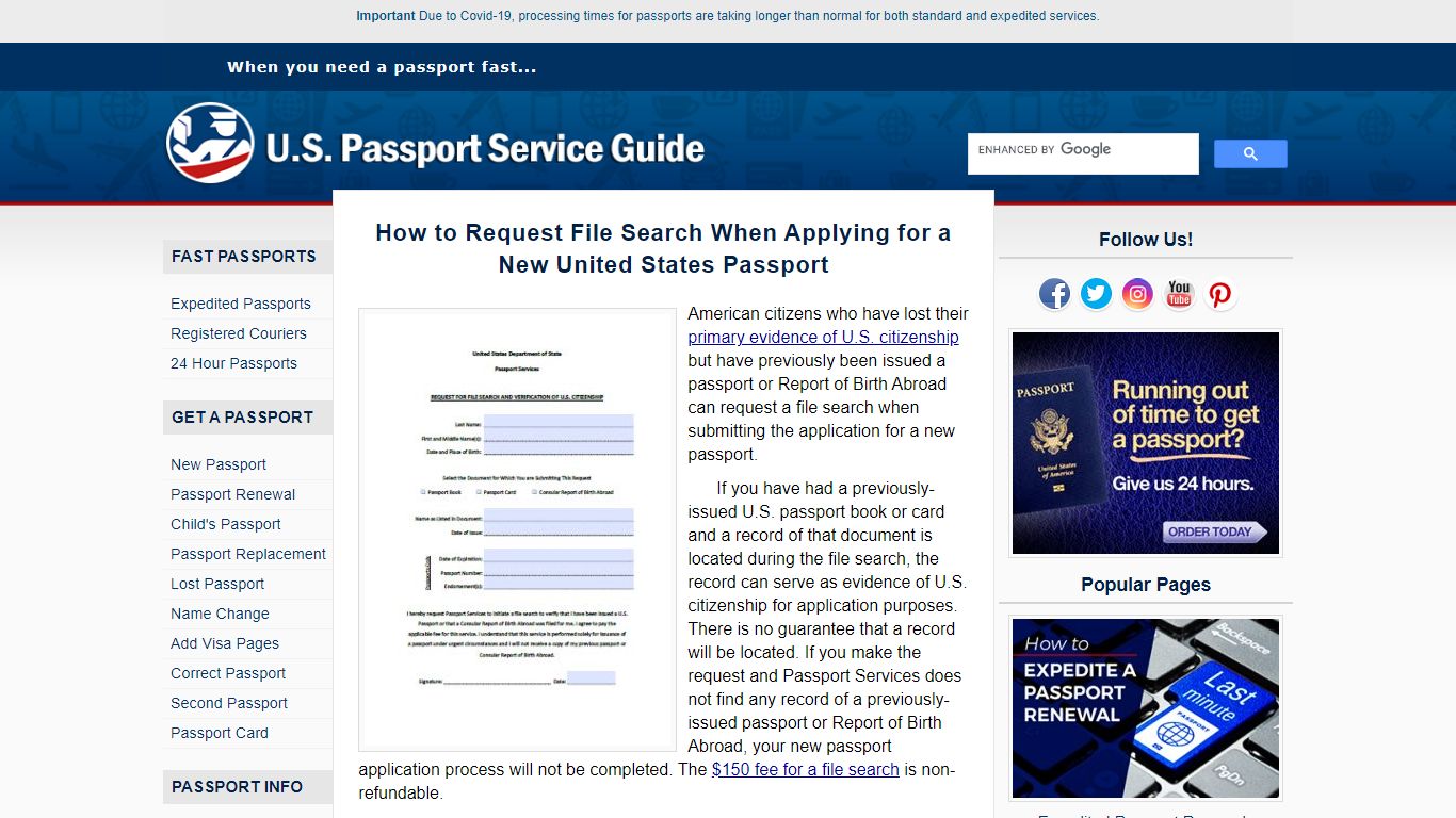 Request for File Search to Get a Passport - U.S. Passport Service Guide